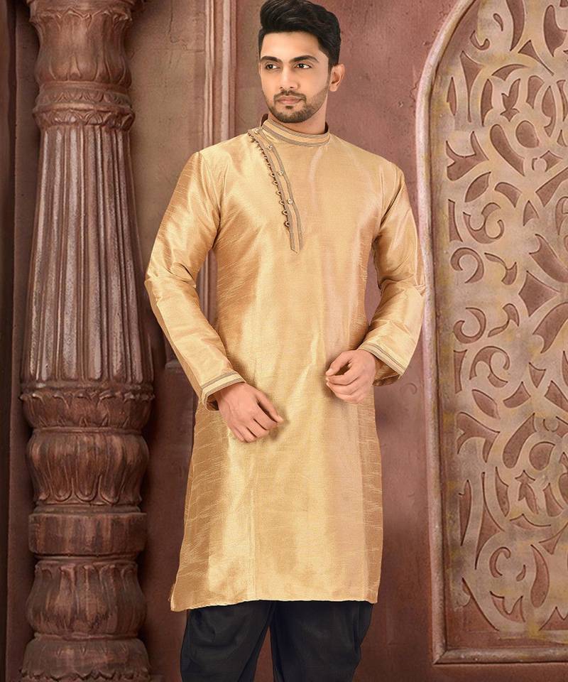 Dark beige dupion art silk  kurta with machine dk work in collar and button line
