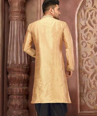 Dark beige dupion art silk  kurta with machine dk work in collar and button line 2