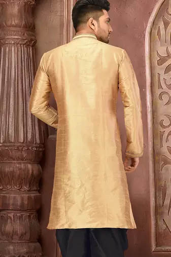 Dark beige dupion art silk  kurta with machine dk work in collar and button line