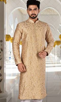 Dark beige dupion art silk  kurta with  computerised embroidery machine work 1