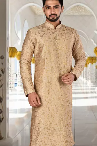 Dark beige dupion art silk  kurta with  computerised embroidery machine work