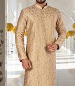 Dark beige dupion art silk  kurta with  computerised embroidery machine work