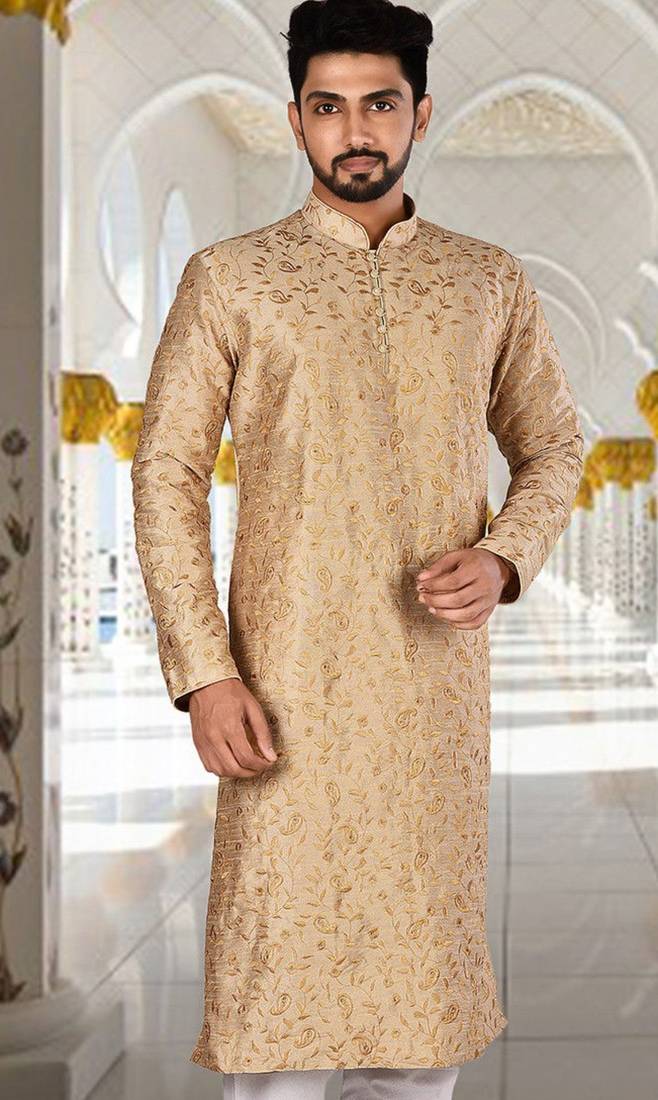 Dark beige dupion art silk  kurta with  computerised embroidery machine work