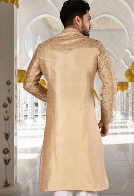 Dark beige dupion art silk  kurta with  computerised embroidery machine work 2