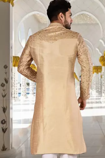 Dark beige dupion art silk  kurta with  computerised embroidery machine work