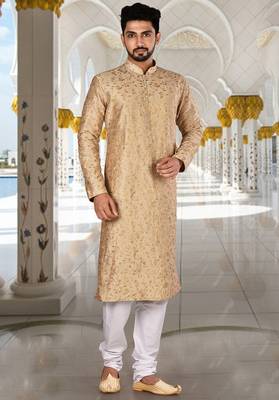 Dark beige dupion art silk  kurta with  computerised embroidery machine work 3