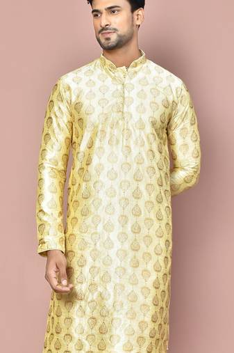 Fawn dupion art silk  kurta with  computerised embroidery machine work