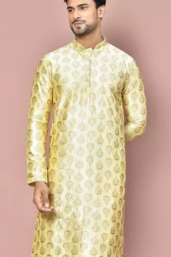 Fawn dupion art silk  kurta with  computerised embroidery machine work