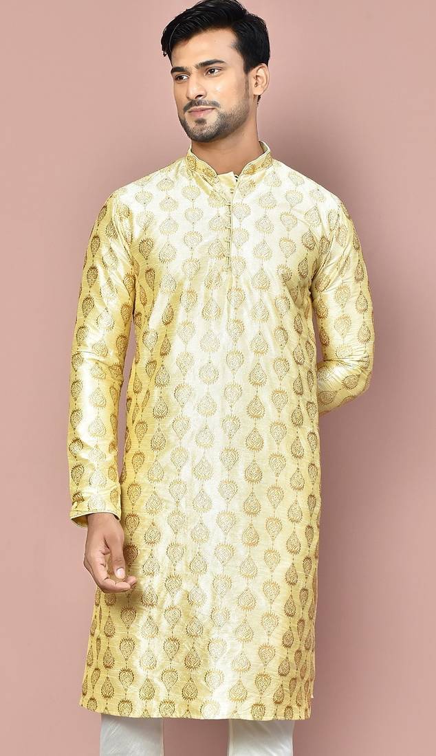 Fawn dupion art silk  kurta with  computerised embroidery machine work