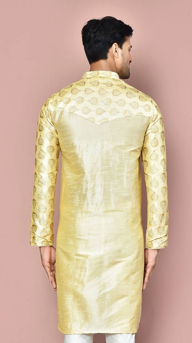 Fawn dupion art silk  kurta with  computerised embroidery machine work