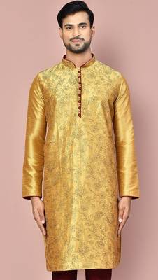 Dark beige dupion art silk  kurta with  computerised embroidery machine work 1