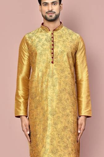 Dark beige dupion art silk  kurta with  computerised embroidery machine work