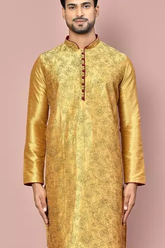 Dark beige dupion art silk  kurta with  computerised embroidery machine work