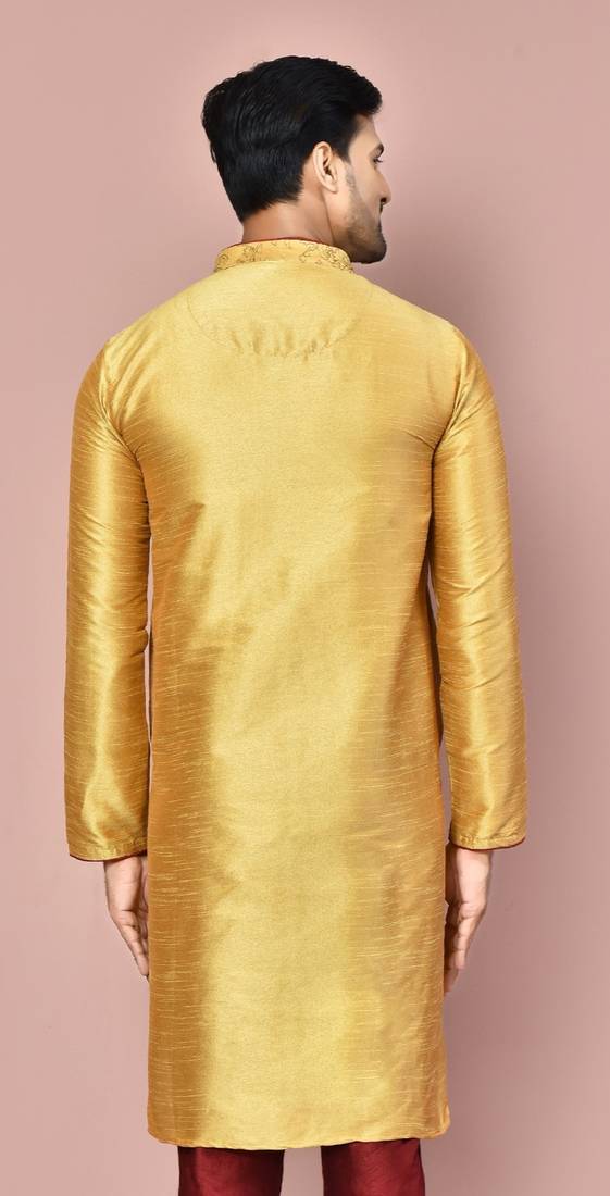 Dark beige dupion art silk  kurta with  computerised embroidery machine work
