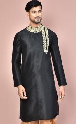 Black dupion art silk  kurta with  computerised embroidery machine work 1