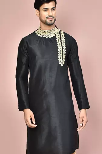 Black dupion art silk  kurta with  computerised embroidery machine work