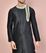 Black dupion art silk  kurta with  computerised embroidery machine work