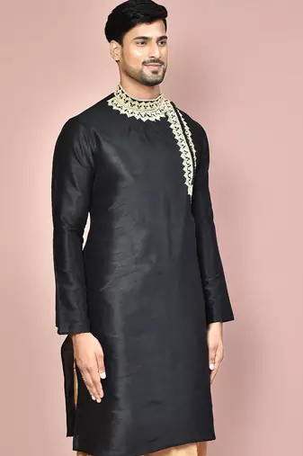 Black dupion art silk  kurta with  computerised embroidery machine work