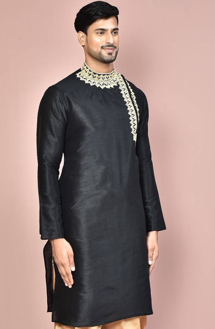 Black dupion art silk  kurta with  computerised embroidery machine work