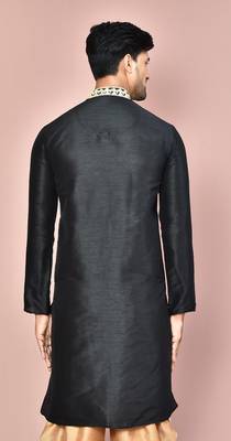 Black dupion art silk  kurta with  computerised embroidery machine work 3