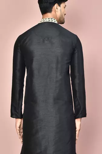Black dupion art silk  kurta with  computerised embroidery machine work