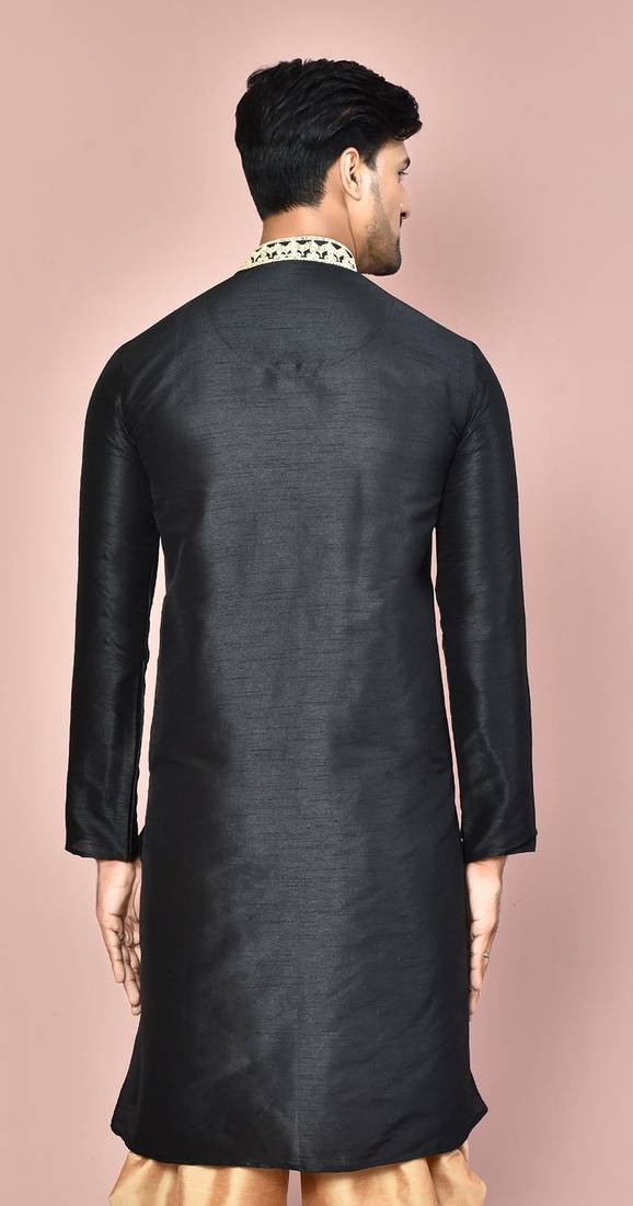 Black dupion art silk  kurta with  computerised embroidery machine work