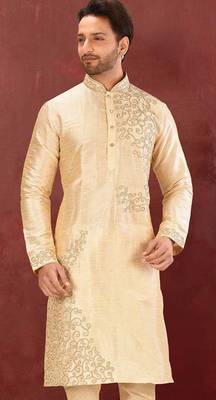 Fawn dupion art silk  kurta with  computerised embroidery machine work 1