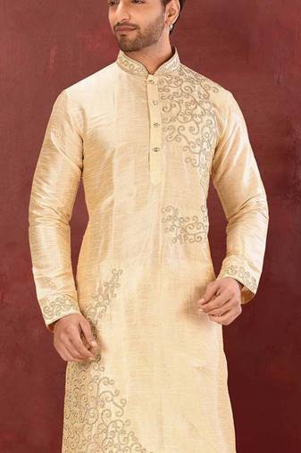 Fawn dupion art silk  kurta with  computerised embroidery machine work