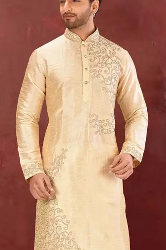 Fawn dupion art silk  kurta with  computerised embroidery machine work