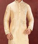 Fawn dupion art silk  kurta with  computerised embroidery machine work