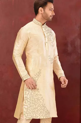 Fawn dupion art silk  kurta with  computerised embroidery machine work