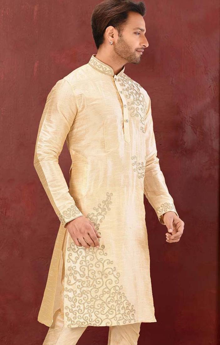 Fawn dupion art silk  kurta with  computerised embroidery machine work