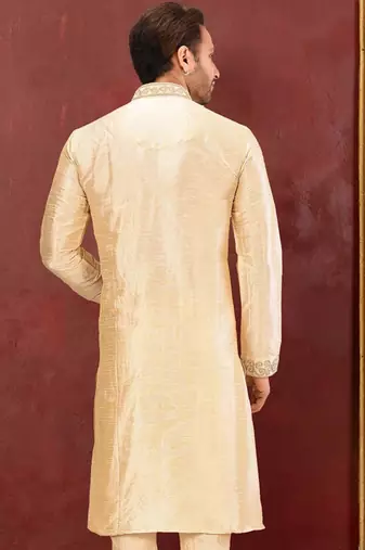 Fawn dupion art silk  kurta with  computerised embroidery machine work