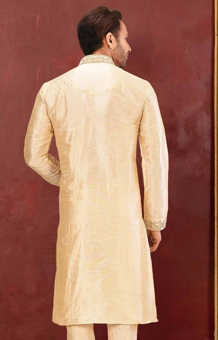 Fawn dupion art silk  kurta with  computerised embroidery machine work