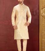 Mustard dupion art silk  kurta with  computerised embroidery machine work