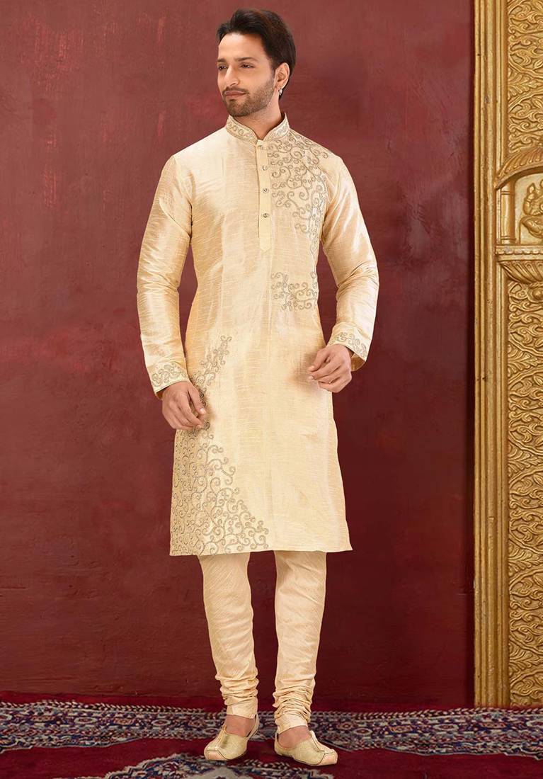 Mustard dupion art silk  kurta with  computerised embroidery machine work