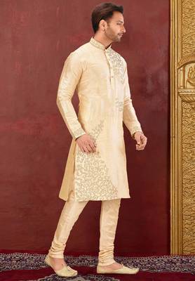 Mustard dupion art silk  kurta with  computerised embroidery machine work 2