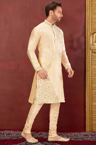 Mustard dupion art silk  kurta with  computerised embroidery machine work