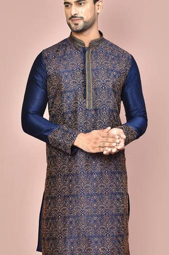 Navy blue dupion art silk  kurta with  computerised embroidery machine work
