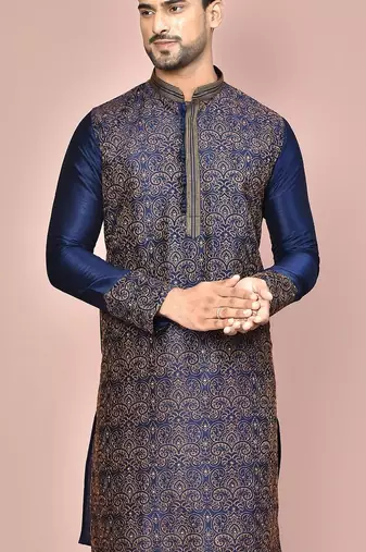 Navy blue dupion art silk  kurta with  computerised embroidery machine work