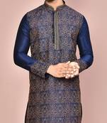 Navy blue dupion art silk  kurta with  computerised embroidery machine work