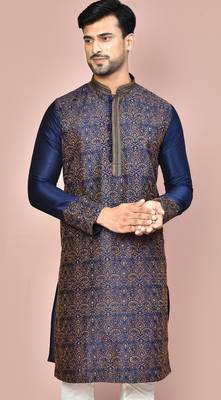 Navy blue dupion art silk  kurta with  computerised embroidery machine work 2