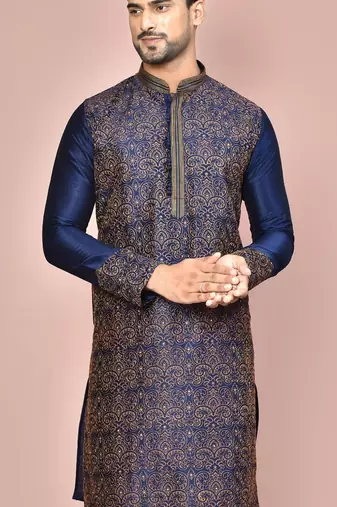 Navy blue dupion art silk  kurta with  computerised embroidery machine work