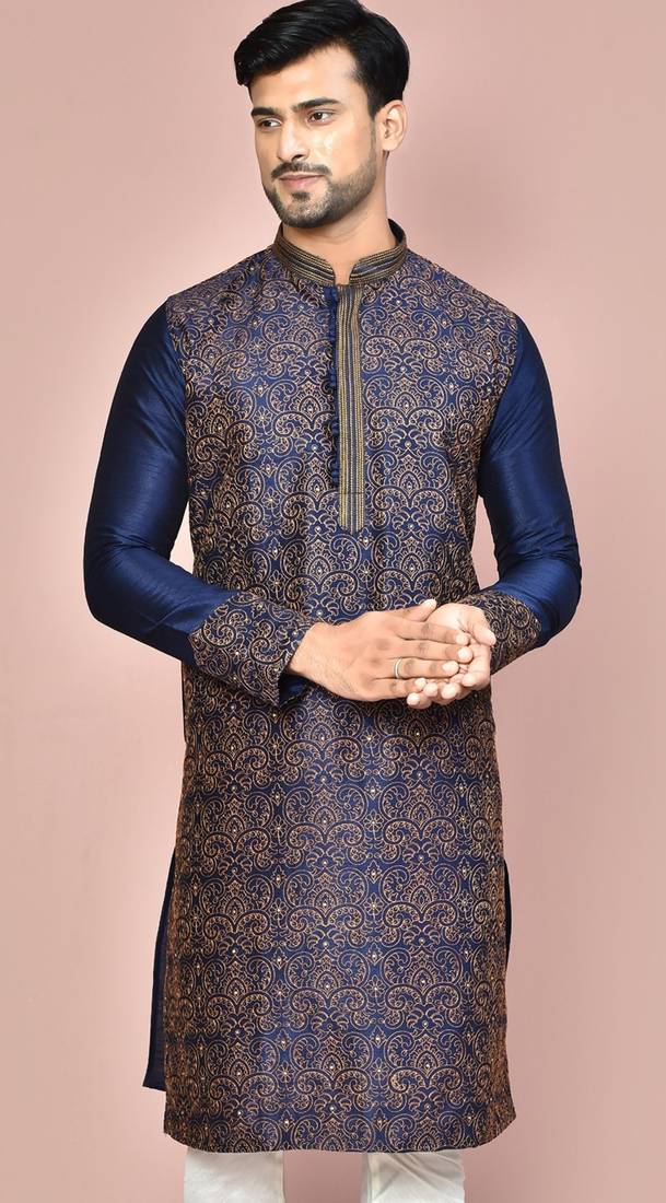 Navy blue dupion art silk  kurta with  computerised embroidery machine work