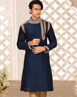 Navy blue dupion art silk  kurta with  computerised embroidery machine work 1