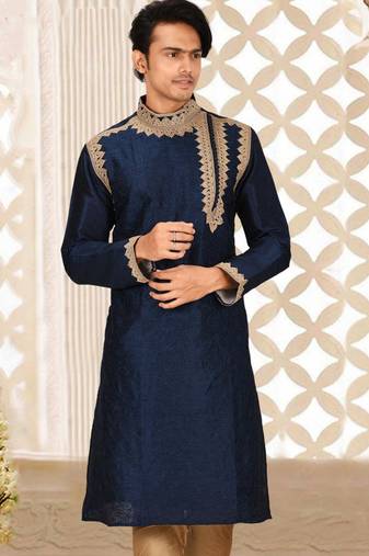 Navy blue dupion art silk  kurta with  computerised embroidery machine work