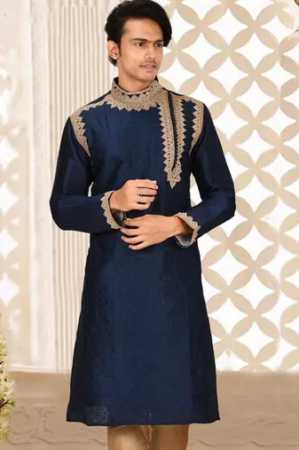 Navy blue dupion art silk  kurta with  computerised embroidery machine work