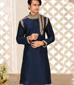Navy blue dupion art silk  kurta with  computerised embroidery machine work