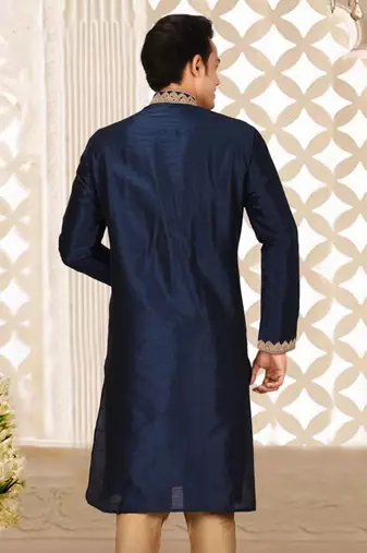 Navy blue dupion art silk  kurta with  computerised embroidery machine work
