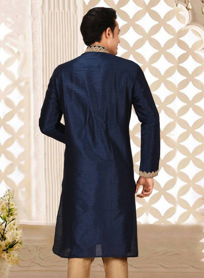 Navy blue dupion art silk  kurta with  computerised embroidery machine work